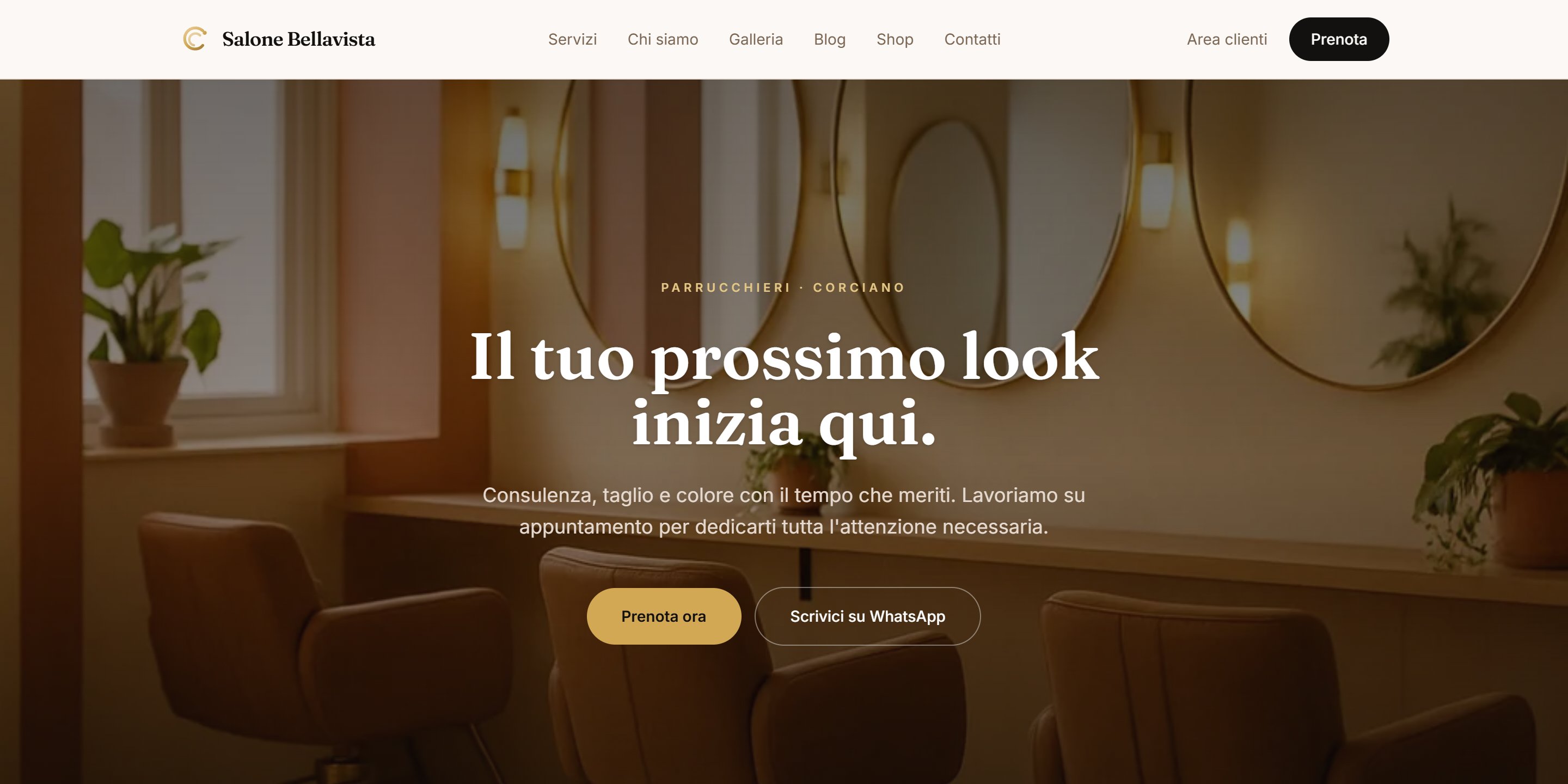 Home del sito di un salone generato da Chiomia
